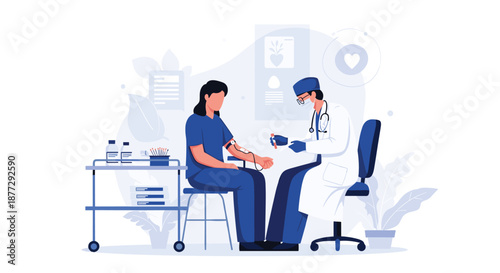 Male doctor in a white coat and mask taking a blood sample from a female patient sitting in a clinical medical office setting.