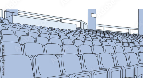 Empty rows of blue plastic seats in a large sports stadium or concert arena under a bright white sky background.