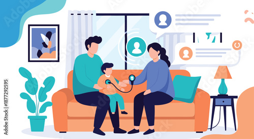 Family receiving professional medical consultation via online telemedicine service while sitting together on comfortable living room sofa.