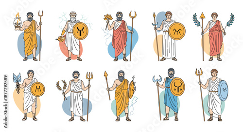 Collection of ten legendary ancient Greek gods and heroes holding various symbolic weapons and items in a colorful cartoon style.