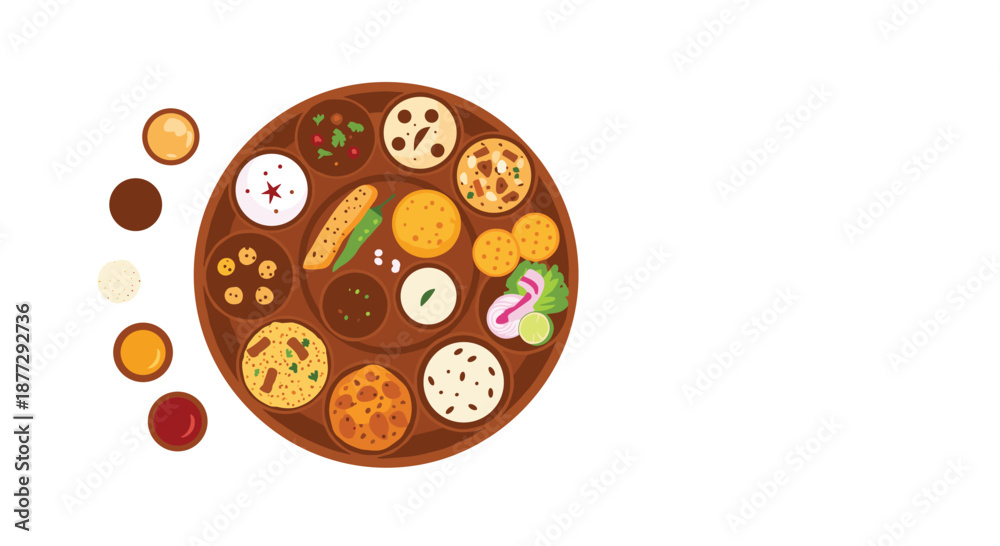 Fototapeta premium Top down view of a traditional Indian Thali meal served on a wooden plate with diverse small bowls of colorful food.