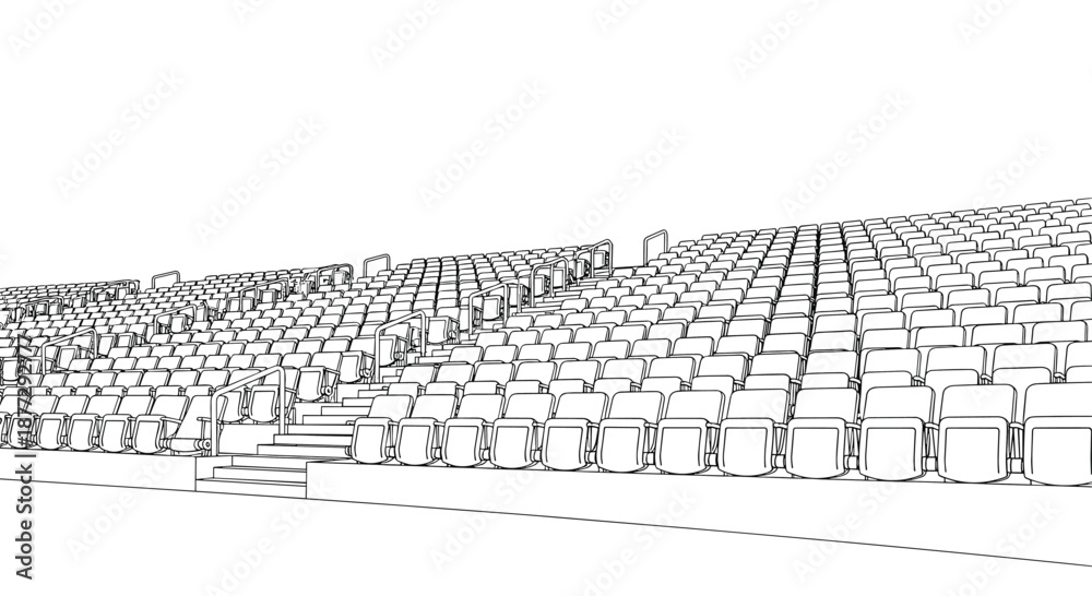 Fototapeta premium Detailed line drawing of an empty auditorium with rows of stadium seating for theater or cinema audiences in a minimalist style.