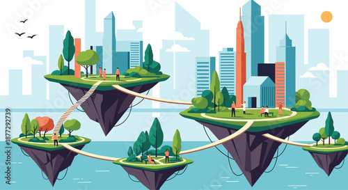 Futuristic eco-city concept showing several green flying islands connected by bridges with people and modern buildings.