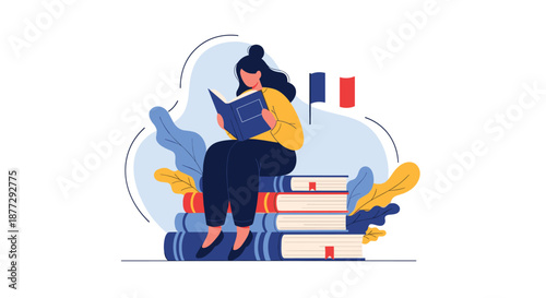 Young woman sitting on a stack of giant books while reading with a French flag in the background representing language learning.