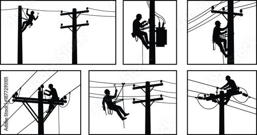 Electrician lineman silhouettes, power line maintenance, utility pole workers, electrical safety, energy infrastructure, repair, industry, vector illustration set, collection, icons