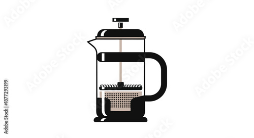 A minimalist illustration of a black and clear glass French press coffee maker on a white background.