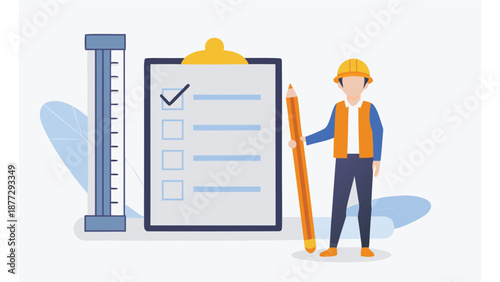Construction worker with clipboard and checklist for project management