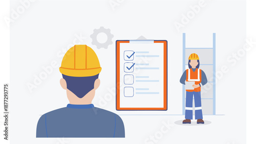 Construction workers with checklist on clipboard in modern workspace