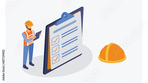 Construction worker reviewing checklist on clipboard with hard hat nearby