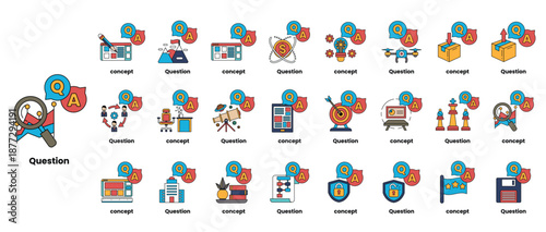 set of illustrations depicting question marks and various objects in a line art style