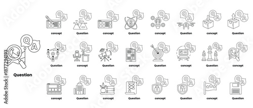 set of illustrations depicting question marks and various objects in a line art style