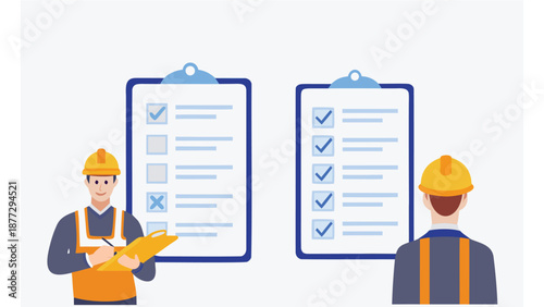 Two workers in hard hats reviewing checklists on large clipboards