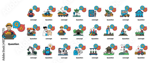 set of illustrations depicting question marks and various objects in a line art style