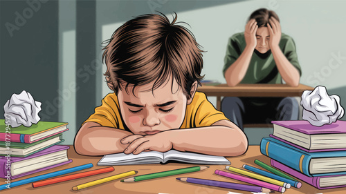 Young boy rests his tired head on an open book while surrounded by textbooks and crumpled paper, suggesting homework frustration and parental stress.