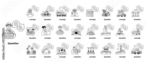 set of illustrations depicting question marks and various objects in a line art style