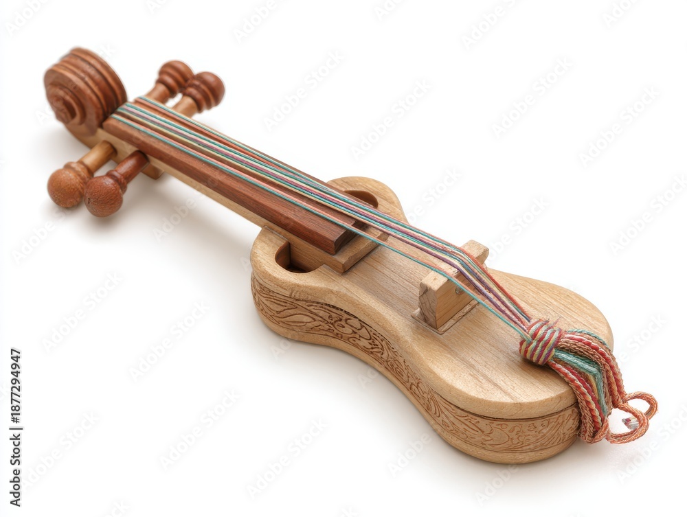 Fototapeta premium Traditional Wooden String Instrument With Colorful Strands on White Background
