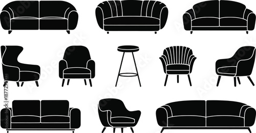 Collection of black silhouette icons representing various indoor furniture pieces including sofas, armchairs, and a bar stool for interior design concepts.