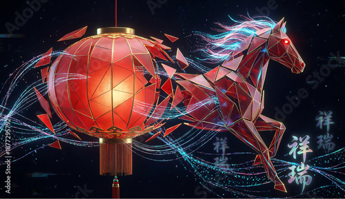Conceptual 3D art: A traditional red paper lantern is deconstructed into floating, geometric fragments that are digitally regenerating into the shape of a horse. Glowing particles connect the pieces. 