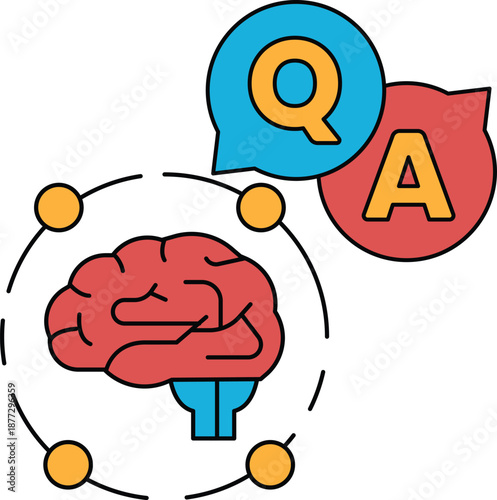 A brain with a question mark and an A above it