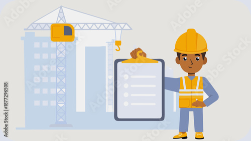 Construction worker presenting checklist in front of building site with crane