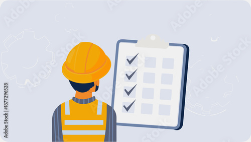 Construction worker reviewing checklist on clipboard