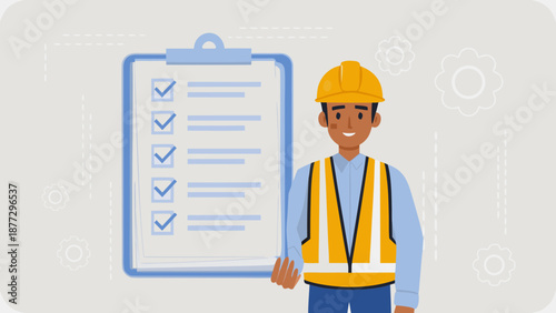 Smiling construction worker with checklist clipboard in hand