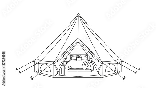 Bell Tent Interior Sketch with Bed and Nightstand, Glamping Line Art
