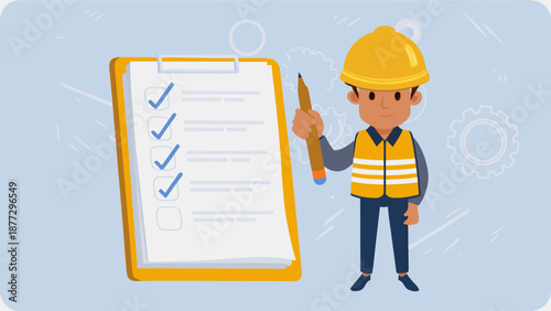 Construction worker with checklist clipboard in hand