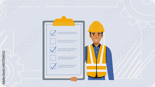 Smiling construction worker holding checklist clipboard
