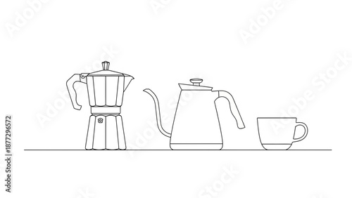 Espresso Maker, Pour Over Kettle, and Coffee Cup Line Art