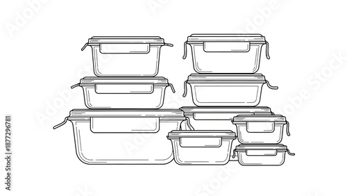 Set of Various Sizes Food Storage Containers with Lids - Line Art Illustration