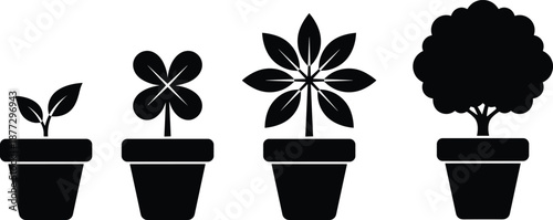 Plant growth stages silhouettes in pots showing sprout flower and tree development, botanical life cycle illustration for gardening, ecology, sustainability, and nature design projects