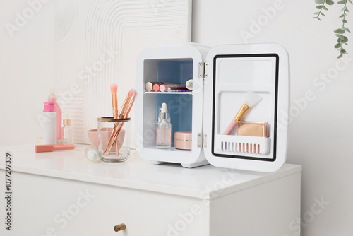 Schilderij op canvas Small refrigerator with cosmetic products on chest of drawers near white wall