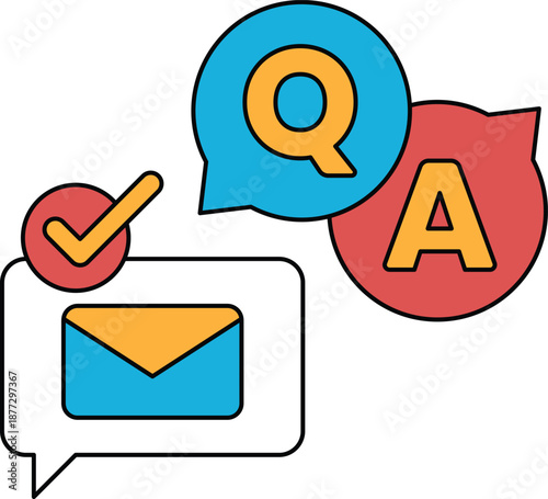 A black and white image of a QA and a check mark