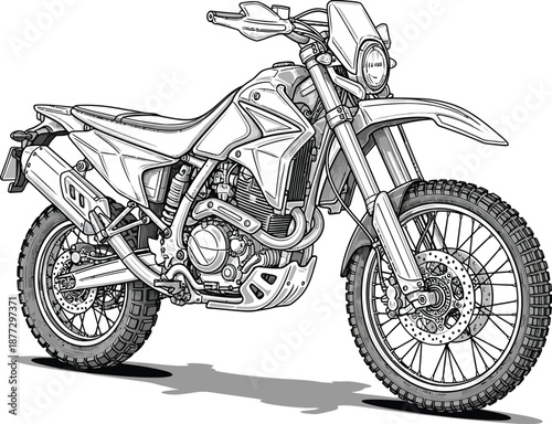 Detailed black and white line art illustration of a modern dualsport offroad motorcycle.