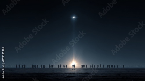 Minimalist night sky scene with a group of people standing apart yet looking up at the single shining North Star, symbolizing shared vision, guidance, focus, and the ultimate goal concept
