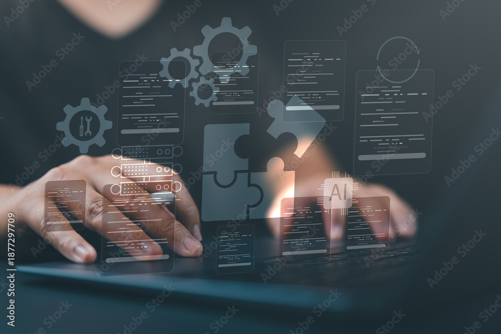 Fotografía Low-code or no-code development platform concept, showing a businessperson using a laptop to build applications without traditional coding, enabling faster software creation