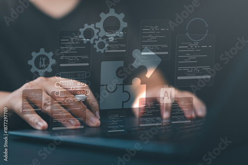Fotografía Low-code or no-code development platform concept, showing a businessperson using a laptop to build applications without traditional coding, enabling faster software creation