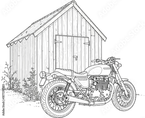 Detailed black and white line art of a classic retro motorcycle parked beside a rustic wooden plank shed.