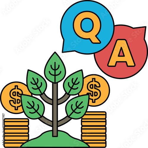 A tree with a bunch of coins on the ground and a Q and A sign above it