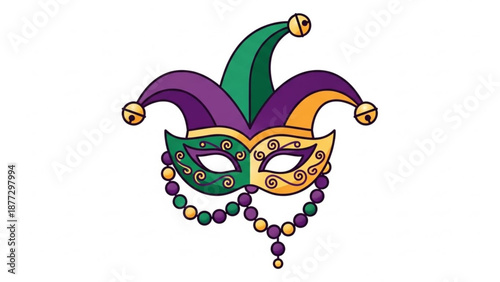 Mardi Gras jester mask with beads traditional purple green and gold colors festive celebration symbol for carnival and m