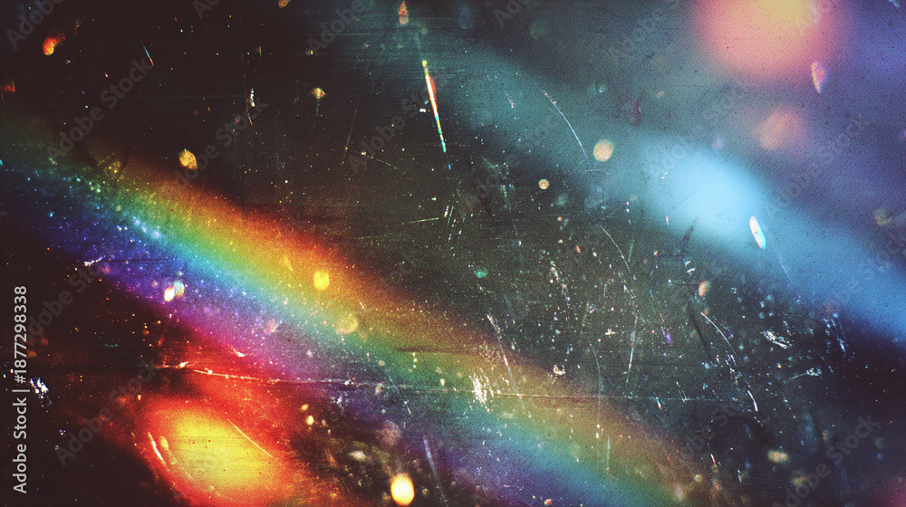 Fototapeta premium A vibrant rainbow shines across the dark background. The image has a textured look, with light streaks and flares, creating a unique visual experience