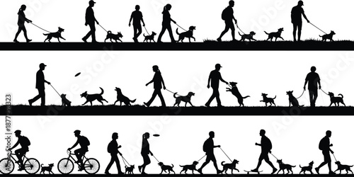 People walking dogs silhouette set, men and women with pets on leashes, active outdoor life vector outlines for animal care and veterinary designs