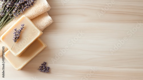 A serene flat lay of natural soap bars, lavender sprigs, and soft towels, perfect for relaxation and self-care themes.