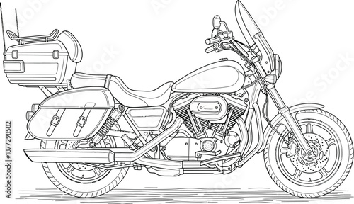 Detailed black and white line drawing of a classic touring motorcycle with saddlebags and a rear trunk.