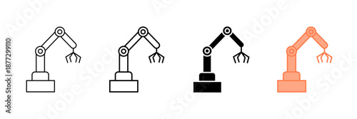 Set of minimalist robotic arm icons with transparent background, depicting industrial automation symbols, factory technology, and manufacturing robots, vector illustration