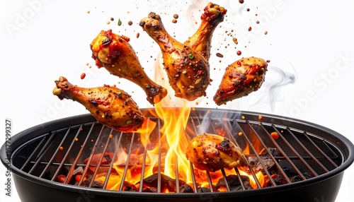 Juicy, spiced chicken drumsticks seemingly levitating above a flaming grill