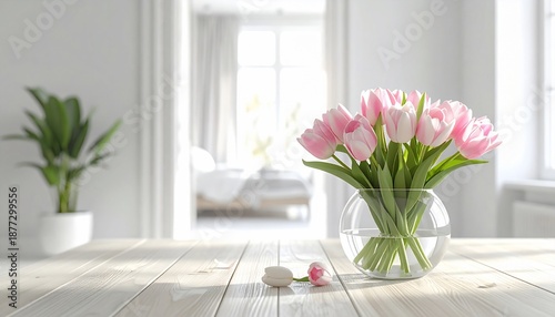 A bouquet of pink tulips in a vase on a wooden table with a bright room in the background