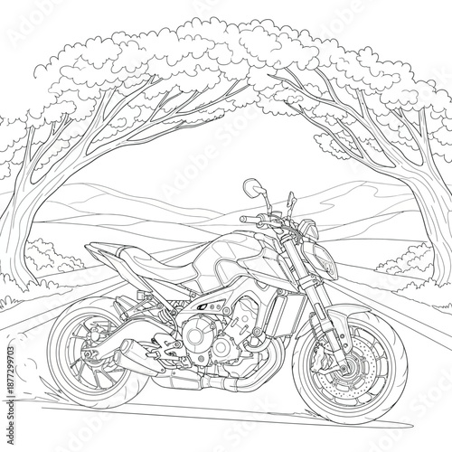 Detailed line art of a modern naked sport motorcycle a coloring page illustration.