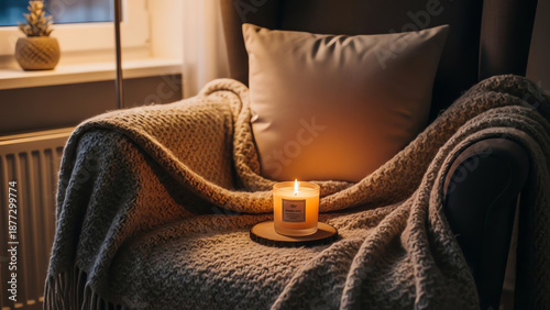 Cozy armchair with candle and blanket beside window in evening light  